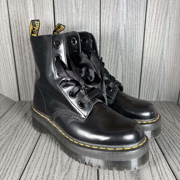 Dr. Martens Leather Boots Womens 11 Black Molly Patent Platform Ankle 43EU 9 UK - Picture 1 of 14